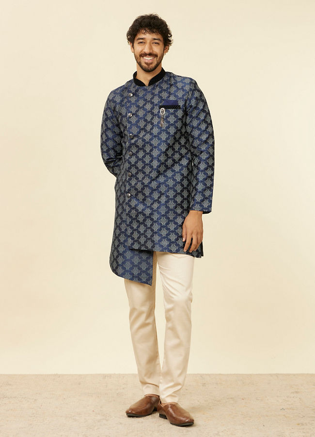 alt message - Manyavar Men Dark Blue Imperial Paisley Patterned Angrakha Style Kurta Set image number 2